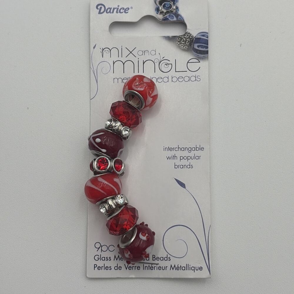 9 pc Darice° Mix & Mingle metal lined beads Red white Rhinestone AJM-1999-2736